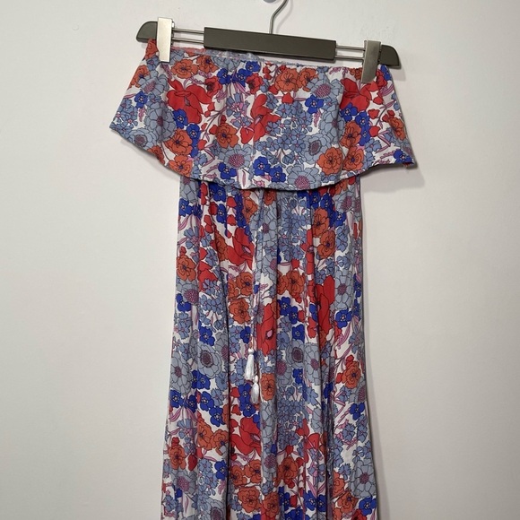 Japna Women Blue Red multi color floral strapless flowy maxi summer dress in XS - Picture 2 of 8